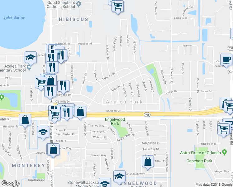 map of restaurants, bars, coffee shops, grocery stores, and more near 200 Coleus Drive in Orlando