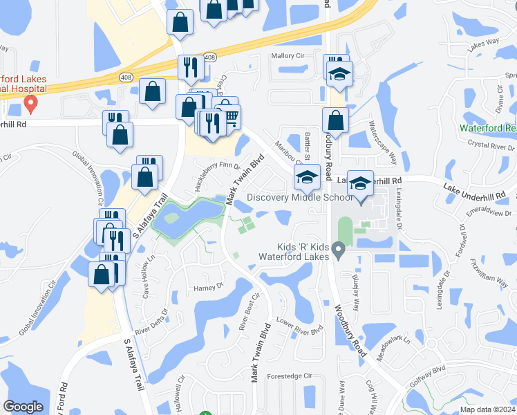 map of restaurants, bars, coffee shops, grocery stores, and more near 243 Rapscallion Court in Orlando