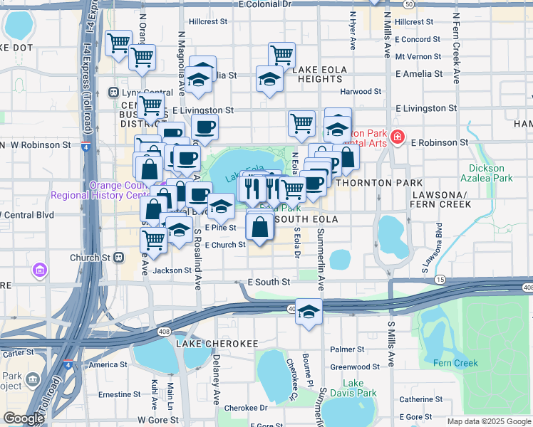 map of restaurants, bars, coffee shops, grocery stores, and more near 424 East Central Boulevard in Orlando