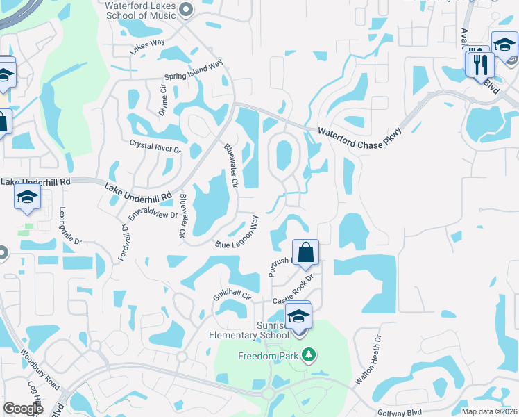map of restaurants, bars, coffee shops, grocery stores, and more near 13845-13851 Blue Lagoon Way in Orlando