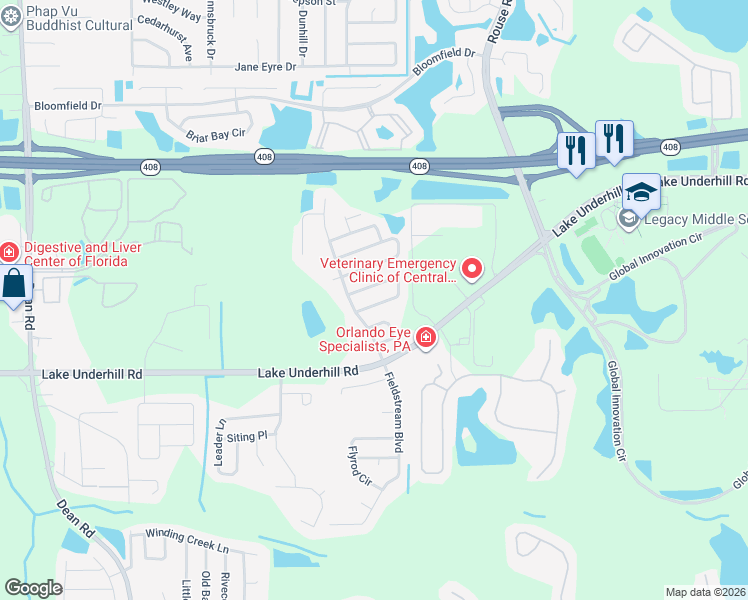map of restaurants, bars, coffee shops, grocery stores, and more near 10725 Flycast Circle in Orlando