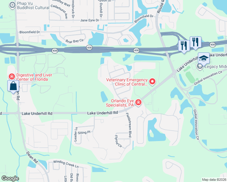 map of restaurants, bars, coffee shops, grocery stores, and more near 208 Fieldstream North Boulevard in Orlando