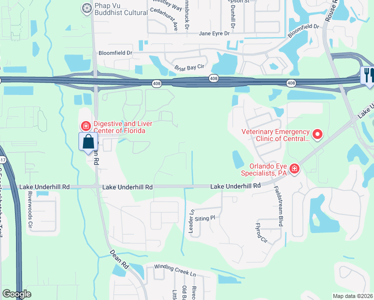 map of restaurants, bars, coffee shops, grocery stores, and more near 10501 Rocking A Run in Orlando