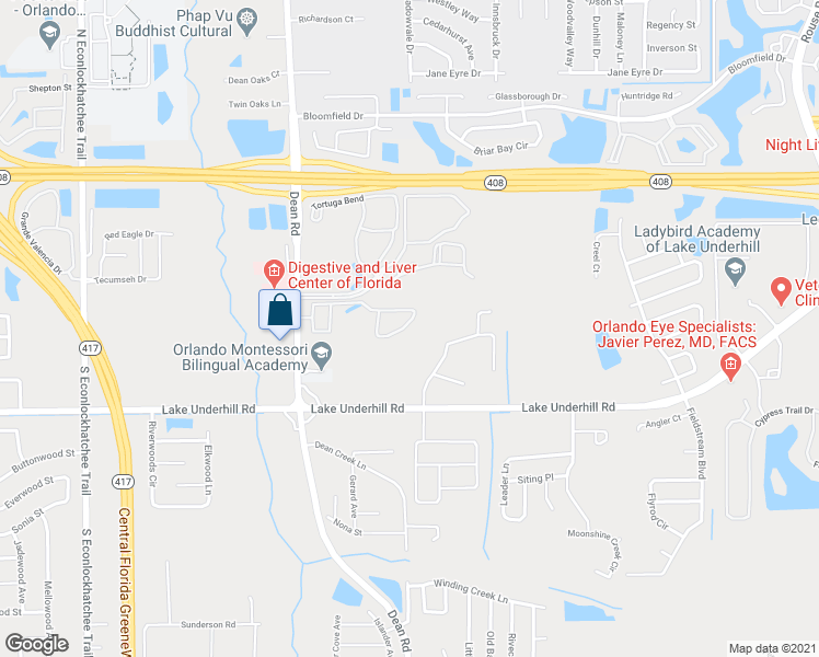 map of restaurants, bars, coffee shops, grocery stores, and more near 10595 Regent Square Drive in Orlando