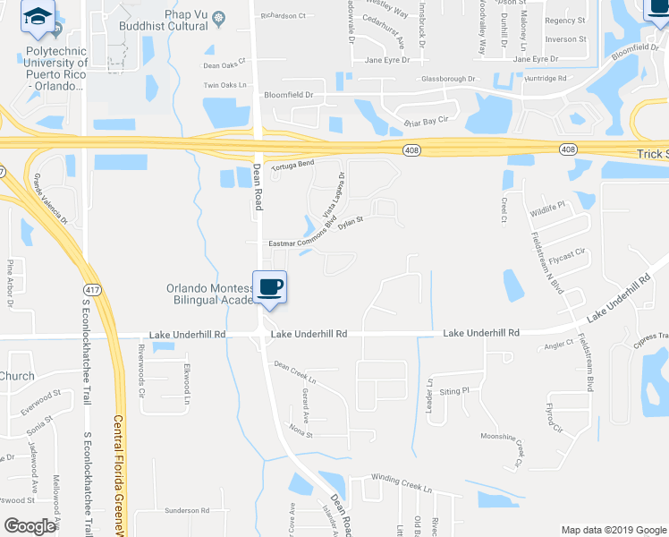map of restaurants, bars, coffee shops, grocery stores, and more near 10595 Regent Square Drive in Orlando