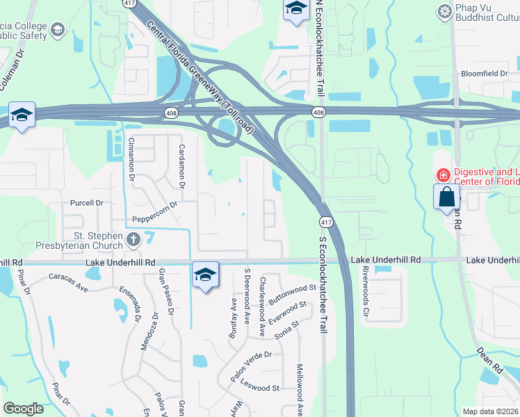 map of restaurants, bars, coffee shops, grocery stores, and more near 116 Pine Arbor Drive in Orlando