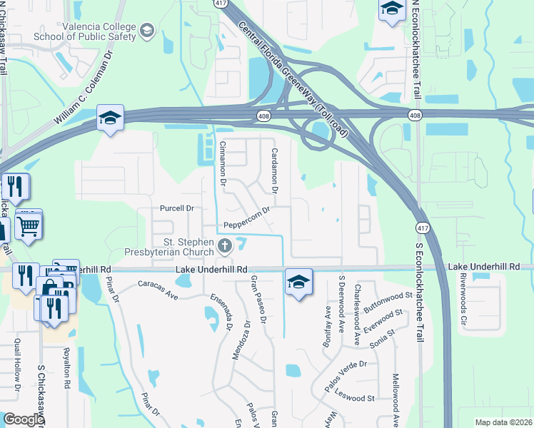 map of restaurants, bars, coffee shops, grocery stores, and more near 204 Peppertree Drive in Orlando