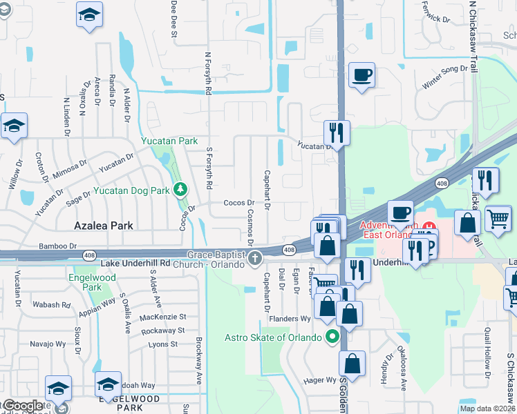 map of restaurants, bars, coffee shops, grocery stores, and more near 6912 Cocos Drive in Orlando