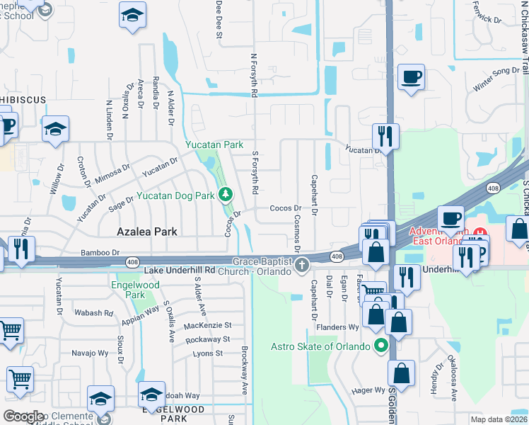 map of restaurants, bars, coffee shops, grocery stores, and more near 6602 Cocos Drive in Orlando