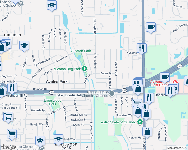 map of restaurants, bars, coffee shops, grocery stores, and more near 6605 Beamer Way in Orlando