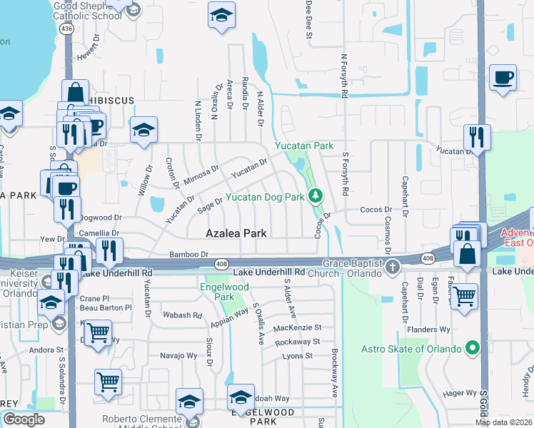 map of restaurants, bars, coffee shops, grocery stores, and more near 207 Balsam Drive in Orlando