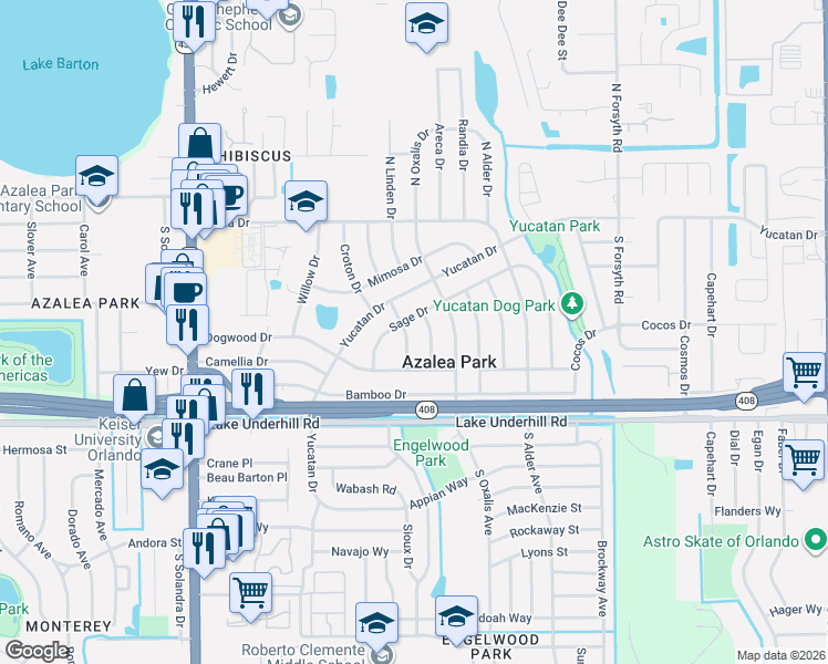 map of restaurants, bars, coffee shops, grocery stores, and more near 200 Coleus Drive in Orlando