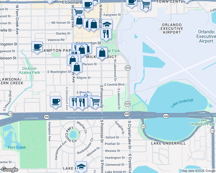 map of restaurants, bars, coffee shops, grocery stores, and more near 2900 East Central Boulevard in Orlando