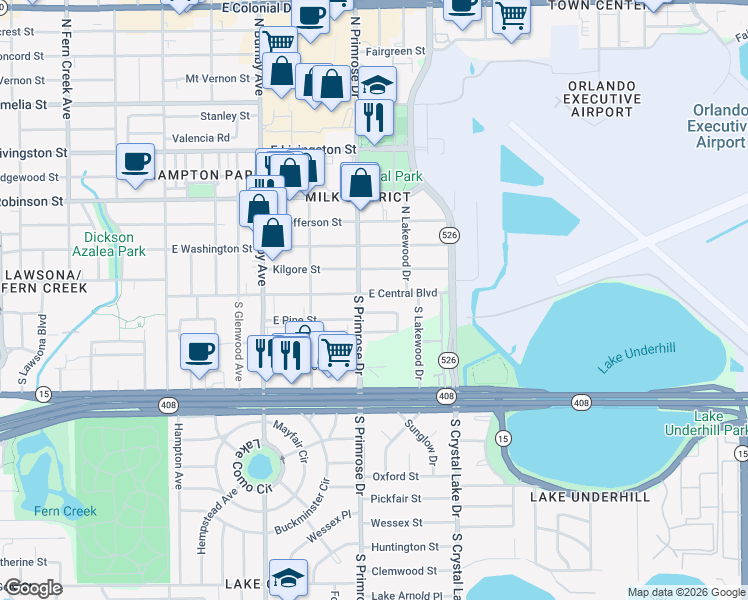map of restaurants, bars, coffee shops, grocery stores, and more near 2900 East Central Boulevard in Orlando