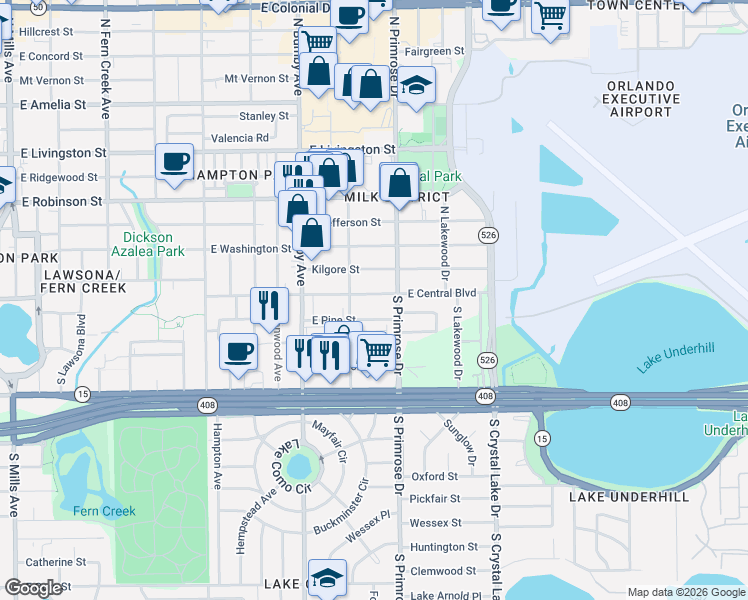map of restaurants, bars, coffee shops, grocery stores, and more near 2604 East Central Boulevard in Orlando