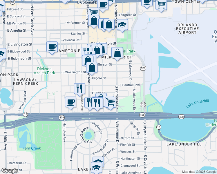 map of restaurants, bars, coffee shops, grocery stores, and more near 2604 East Central Boulevard in Orlando