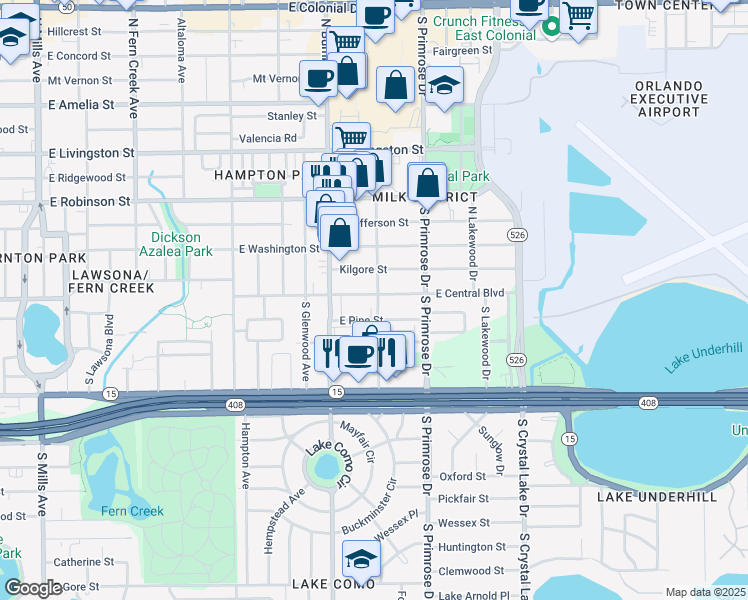 map of restaurants, bars, coffee shops, grocery stores, and more near 2604 East Central Boulevard in Orlando
