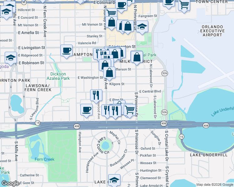 map of restaurants, bars, coffee shops, grocery stores, and more near 2420 East Central Boulevard in Orlando