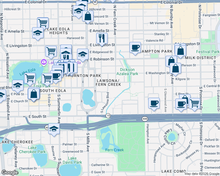 map of restaurants, bars, coffee shops, grocery stores, and more near 20 South Lawsona Boulevard in Orlando