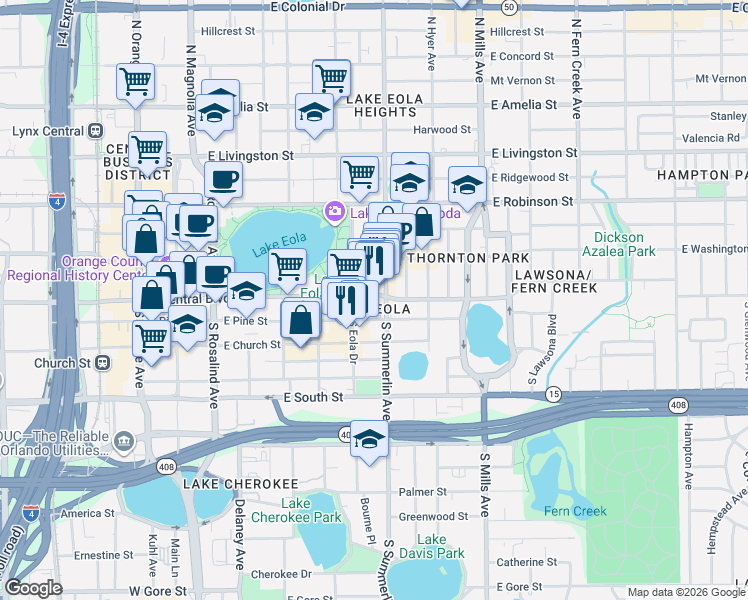 map of restaurants, bars, coffee shops, grocery stores, and more near in Orlando