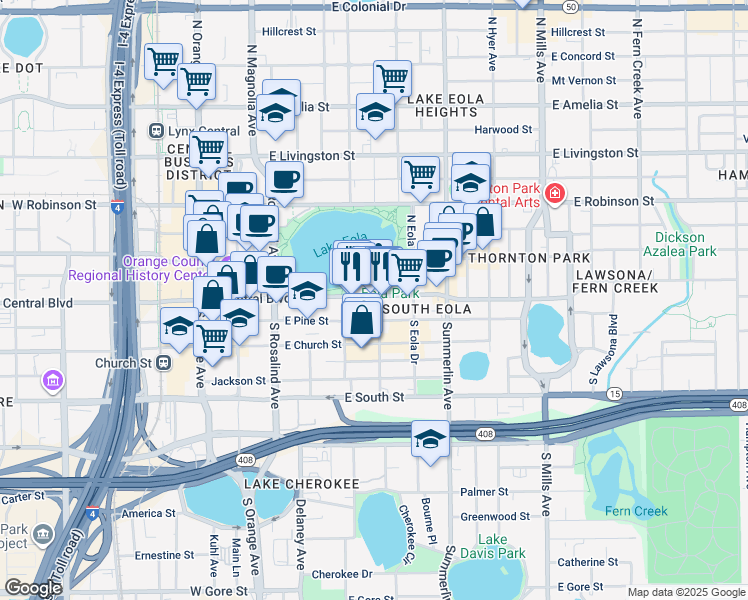 map of restaurants, bars, coffee shops, grocery stores, and more near in Orlando