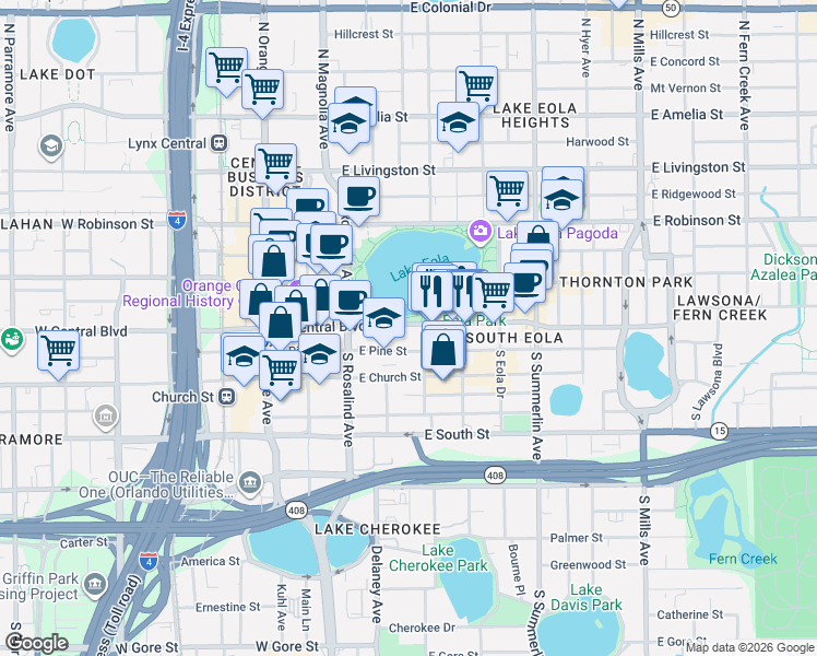 map of restaurants, bars, coffee shops, grocery stores, and more near in Orlando