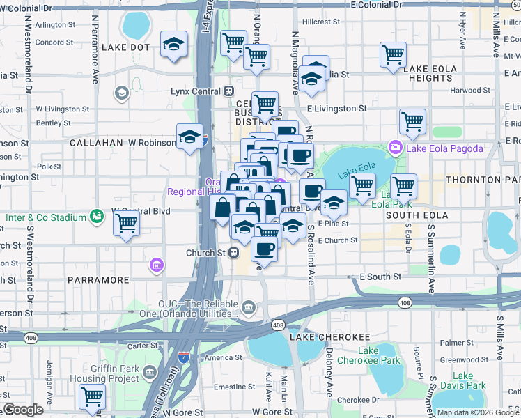 map of restaurants, bars, coffee shops, grocery stores, and more near 1 South Orange Avenue in Orlando