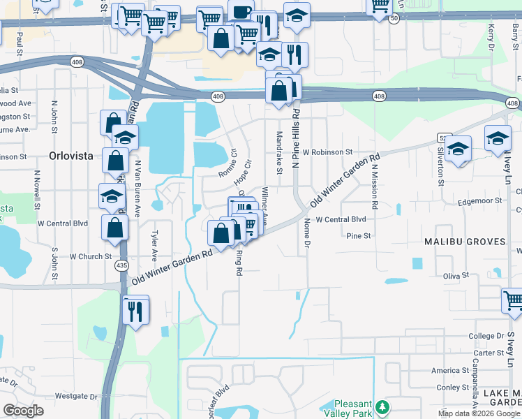 map of restaurants, bars, coffee shops, grocery stores, and more near 111 Quintard Avenue in Orlando