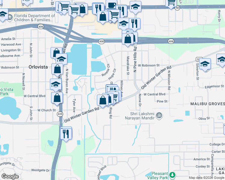 map of restaurants, bars, coffee shops, grocery stores, and more near 117 Leonard Court in Orlando