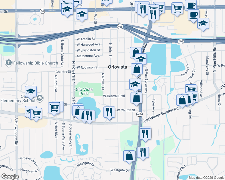 map of restaurants, bars, coffee shops, grocery stores, and more near 17 North John Street in Orlando
