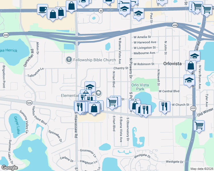 map of restaurants, bars, coffee shops, grocery stores, and more near 19 North Lancelot Avenue in Orlando