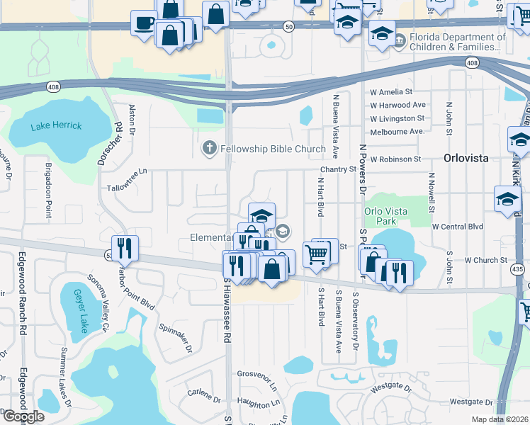 map of restaurants, bars, coffee shops, grocery stores, and more near 26 Grand Junction Boulevard in Orlando