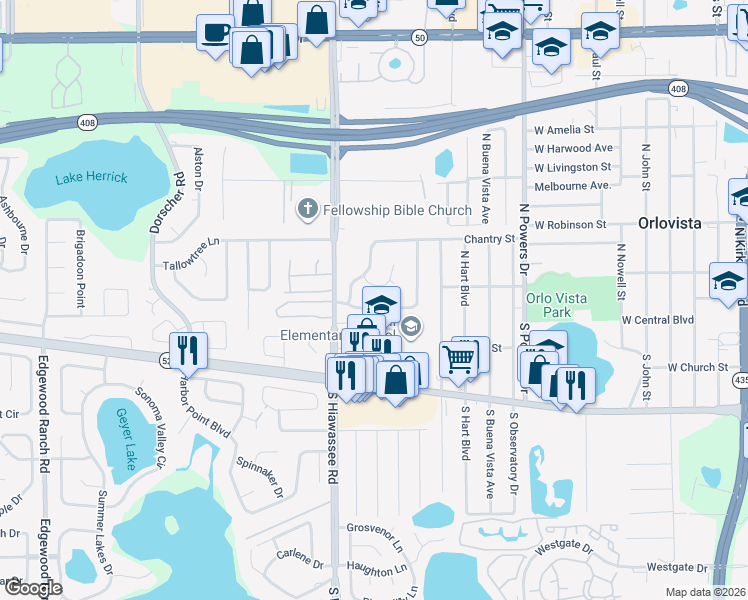 map of restaurants, bars, coffee shops, grocery stores, and more near 26 Grand Junction Boulevard in Orlando