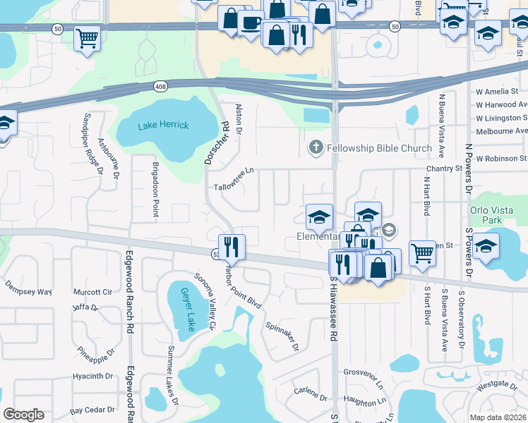 map of restaurants, bars, coffee shops, grocery stores, and more near 105 Cherry Laurel Drive in Orlando