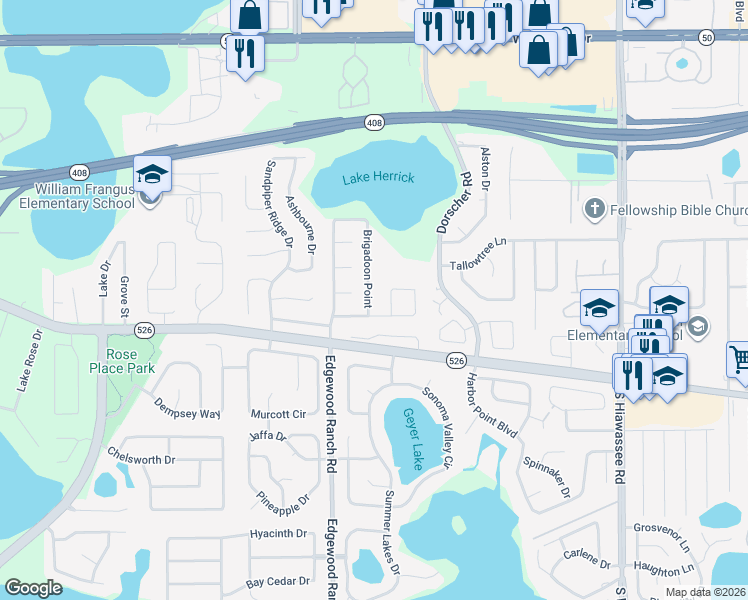 map of restaurants, bars, coffee shops, grocery stores, and more near 7404 Herricks Loop in Orlando