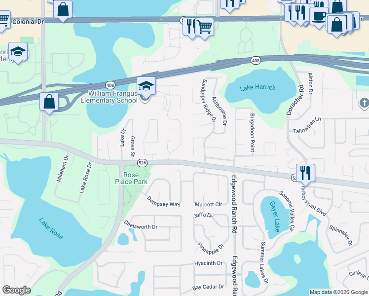 map of restaurants, bars, coffee shops, grocery stores, and more near 124 Cranfield Court in Orlando