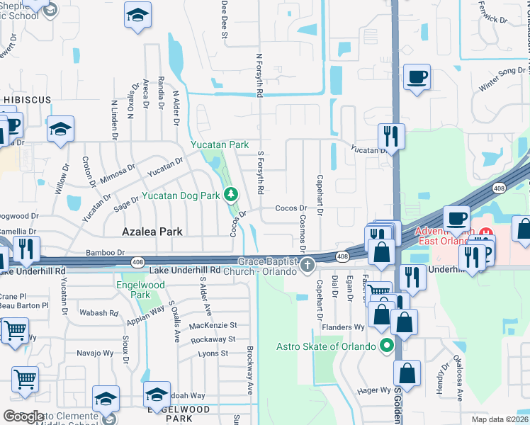 map of restaurants, bars, coffee shops, grocery stores, and more near 6602 Cocos Drive in Orlando