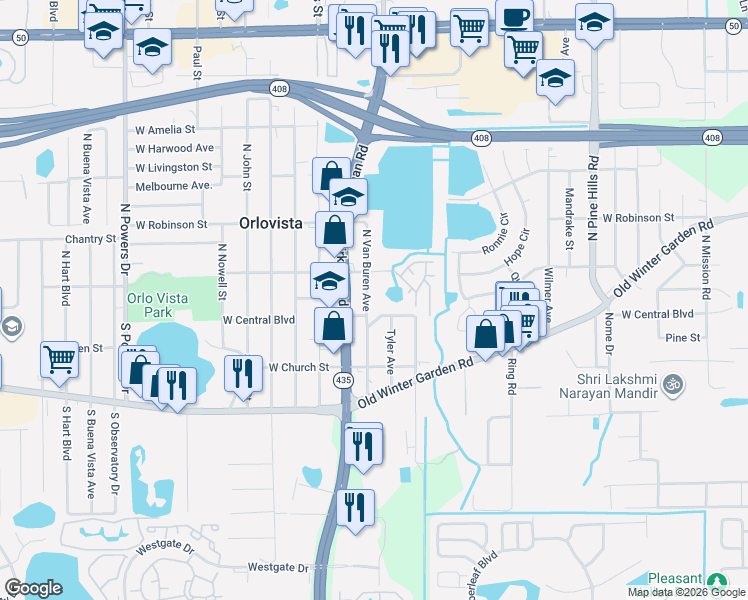 map of restaurants, bars, coffee shops, grocery stores, and more near 10 North Van Buren Avenue in Orlando