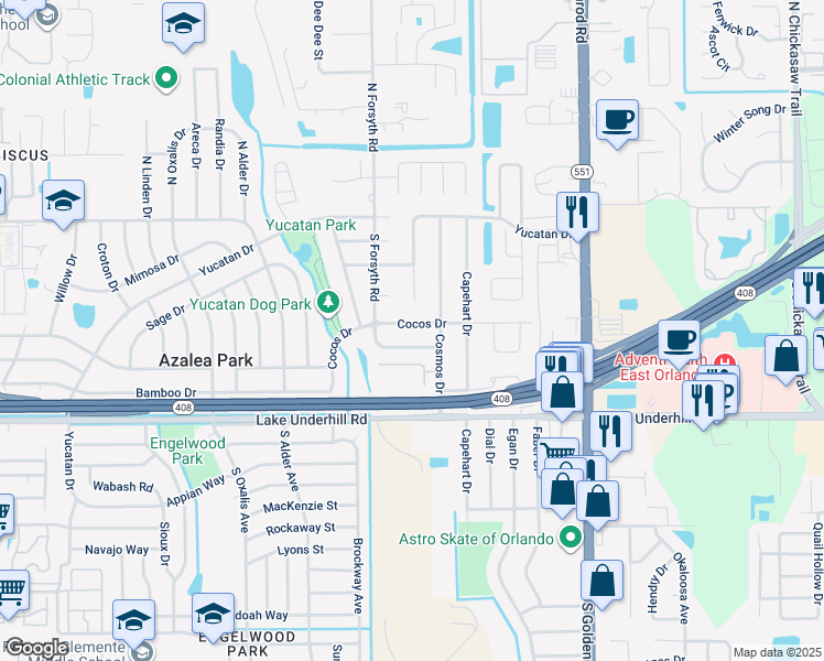 map of restaurants, bars, coffee shops, grocery stores, and more near 6710 Cocos Drive in Orlando