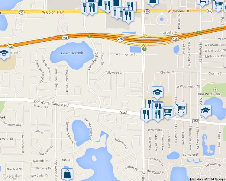 map of restaurants, bars, coffee shops, grocery stores, and more near 105 Cherry Laurel Drive in Orlando