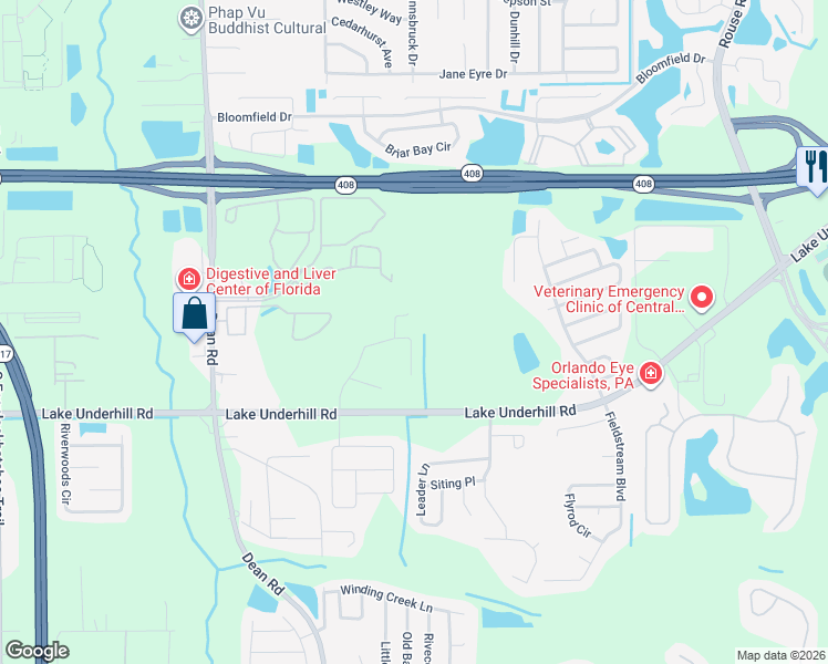 map of restaurants, bars, coffee shops, grocery stores, and more near 10501 Rocking A Run in Orlando