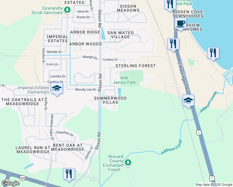 map of restaurants, bars, coffee shops, grocery stores, and more near 5553 Reagan Avenue in Titusville