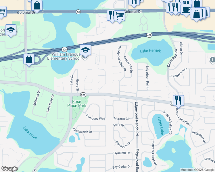 map of restaurants, bars, coffee shops, grocery stores, and more near 124 Cranfield Court in Orlando