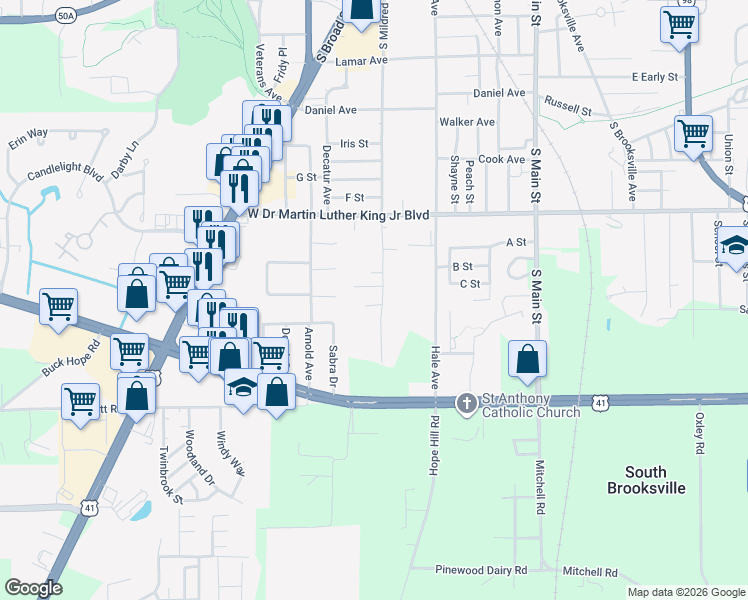 map of restaurants, bars, coffee shops, grocery stores, and more near 1008 South Mildred Avenue in Brooksville