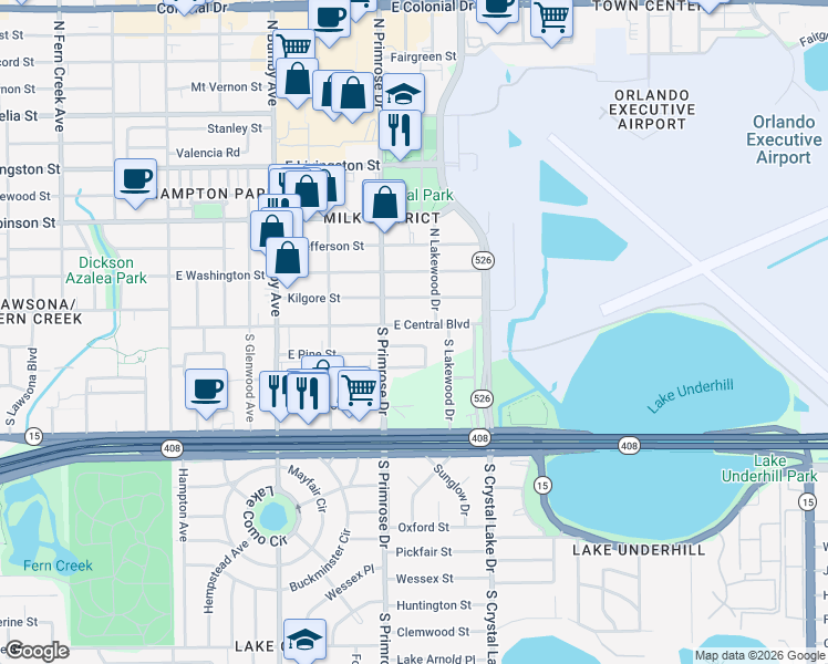 map of restaurants, bars, coffee shops, grocery stores, and more near 2900 East Central Boulevard in Orlando