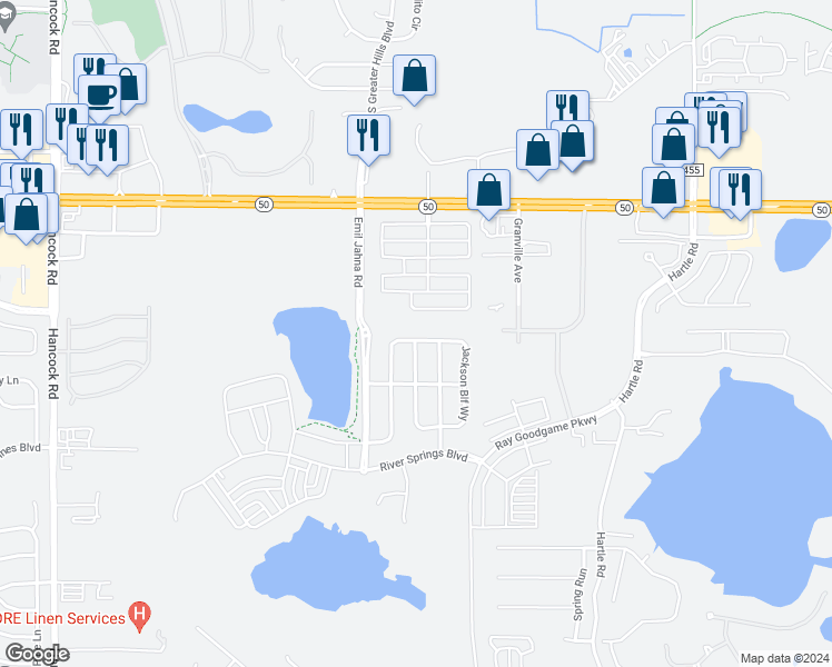 map of restaurants, bars, coffee shops, grocery stores, and more near 3212 Jackson Bluff Way in Clermont