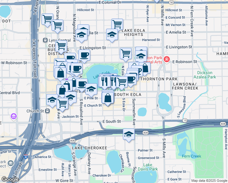 map of restaurants, bars, coffee shops, grocery stores, and more near 500 East Central Boulevard in Orlando