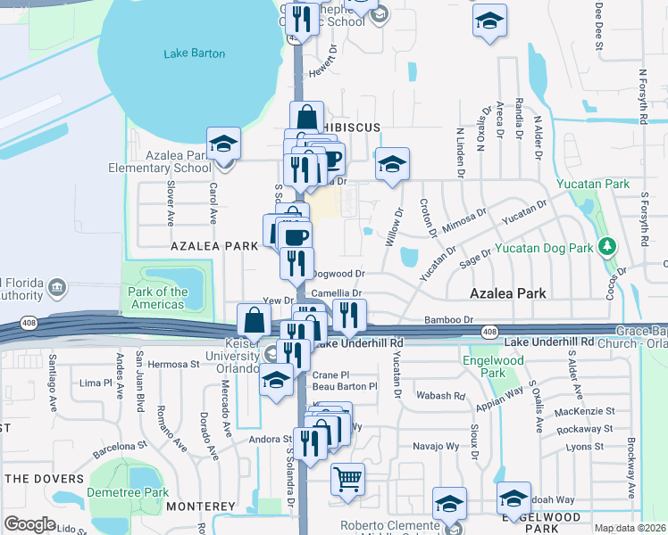 map of restaurants, bars, coffee shops, grocery stores, and more near 5739 Dogwood Dr in Orlando