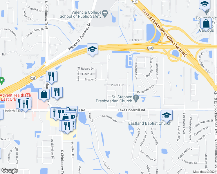 map of restaurants, bars, coffee shops, grocery stores, and more near 8302 Purcell Drive in Orlando