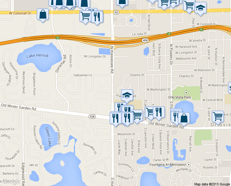 map of restaurants, bars, coffee shops, grocery stores, and more near 6657 Chantry Street in Orlando
